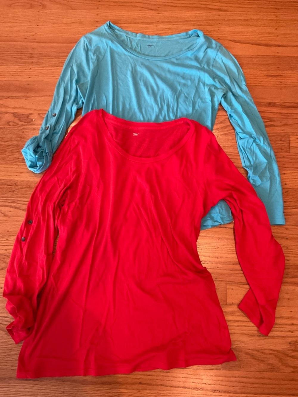 Two GAP Turquoise and Red Long Sleeve 100 % cotton Tops, XL